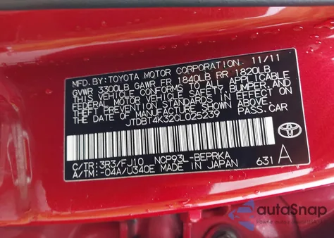 2012 Toyota Yaris z USA, uszkodzony, nr VIN JTDBT4K32CL025239